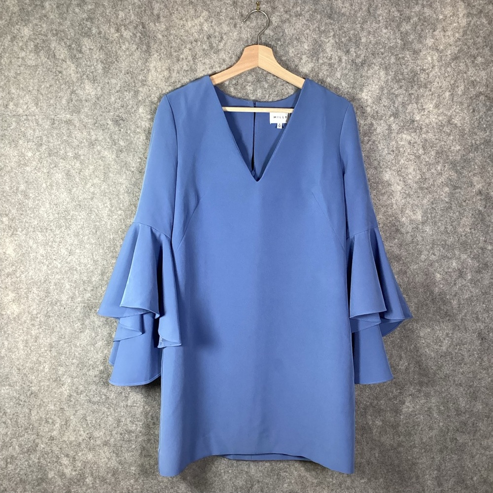 Milly Nicole Dress Bell Sleeve Size 8 Steel Blue V Neck Wedding Guest